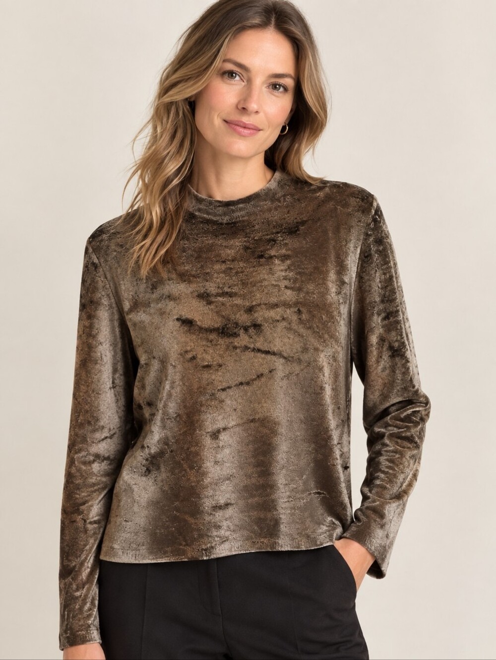 Vince Panne Velvet Crushed Crewneck Pullover Sweater Brown L